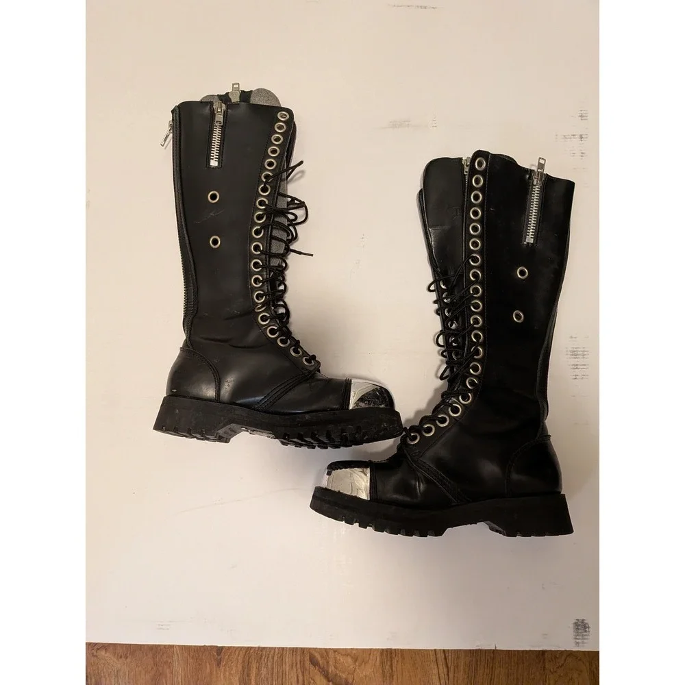 Vintage Demonia Pole Climber Boots - Steel Toe Cap- Black Leather - Lace Up/Zip - Picture 3 of 8